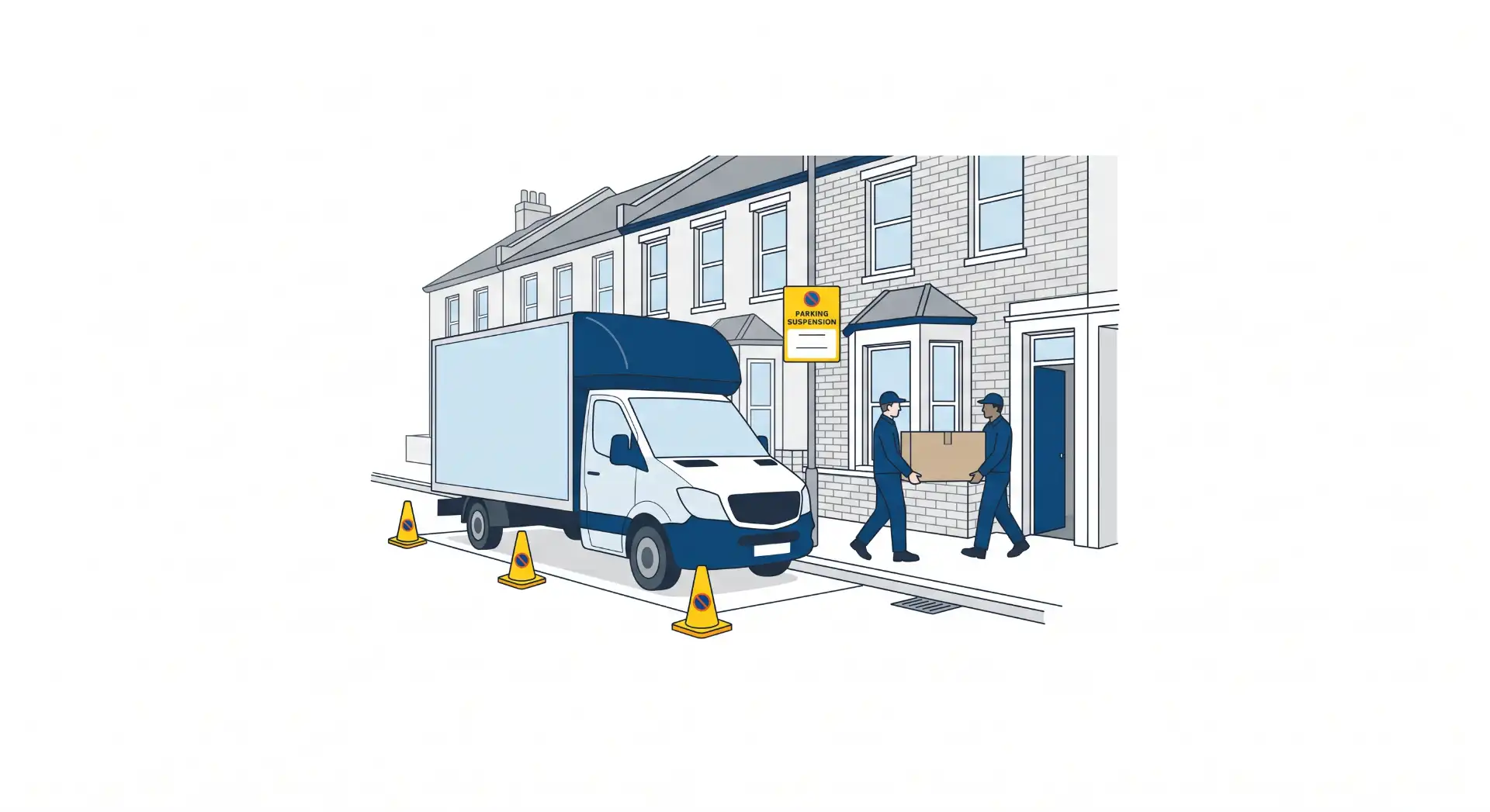 Ilustração vetorial de um caminhão com baú azul estacionado na frente de um prédio, com cones de sinalização no chão e dois entregadores carregando uma caixa na entrada