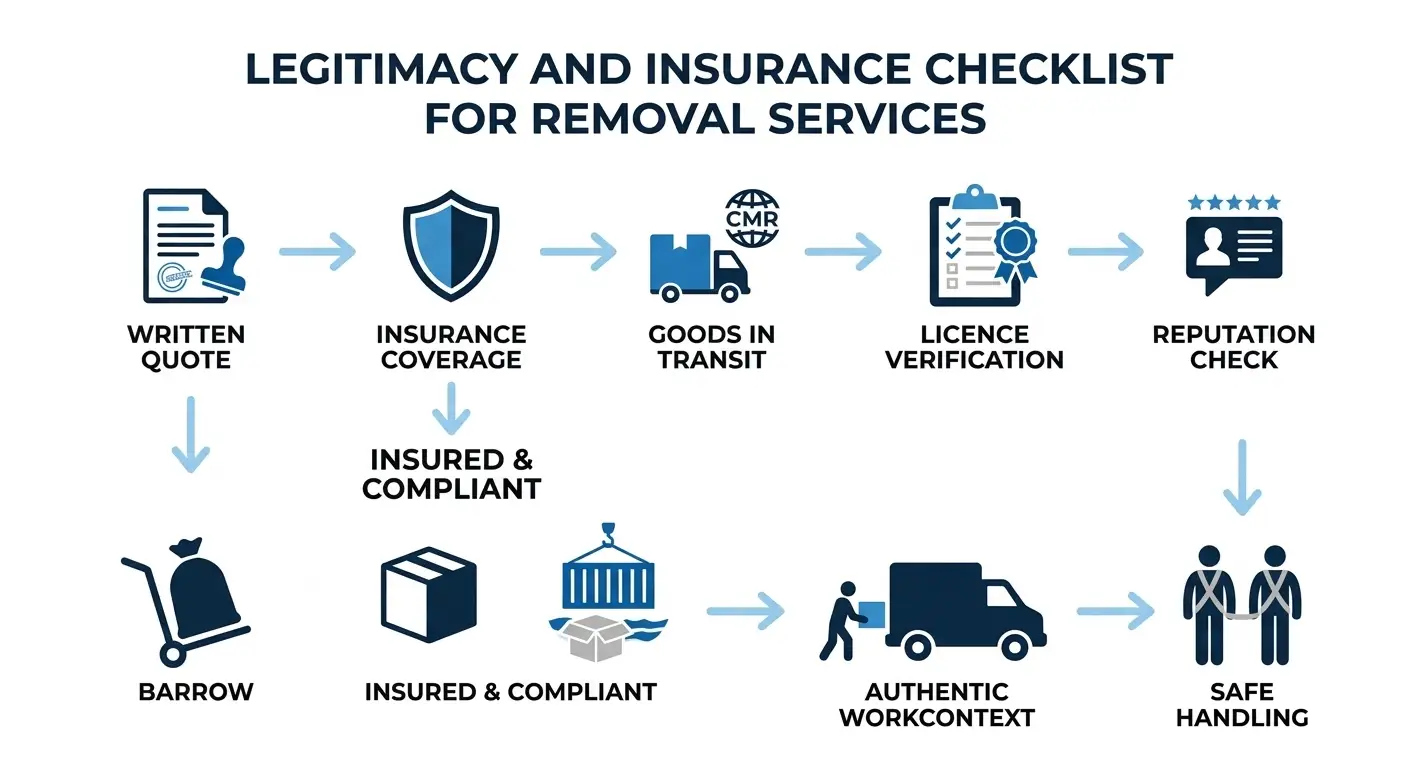 "LEGITIMACY AND INSURANCE CHECKLIST FOR REMOVAL SERVICES" infographic with verification steps: in writing, insurance cover, goods in transit, licence, reputation check, insured and compliant, authentic work context and safe handling.