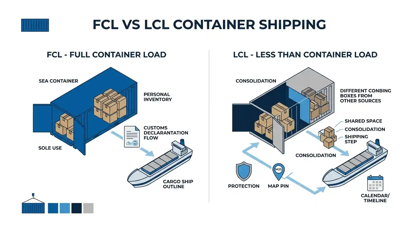 Infographic comparing FCL vs LCL container shipping: Full Container Load and Less than Container Load, with illustrations of loading, consolidation, protection, customs declarations and shipping stages.