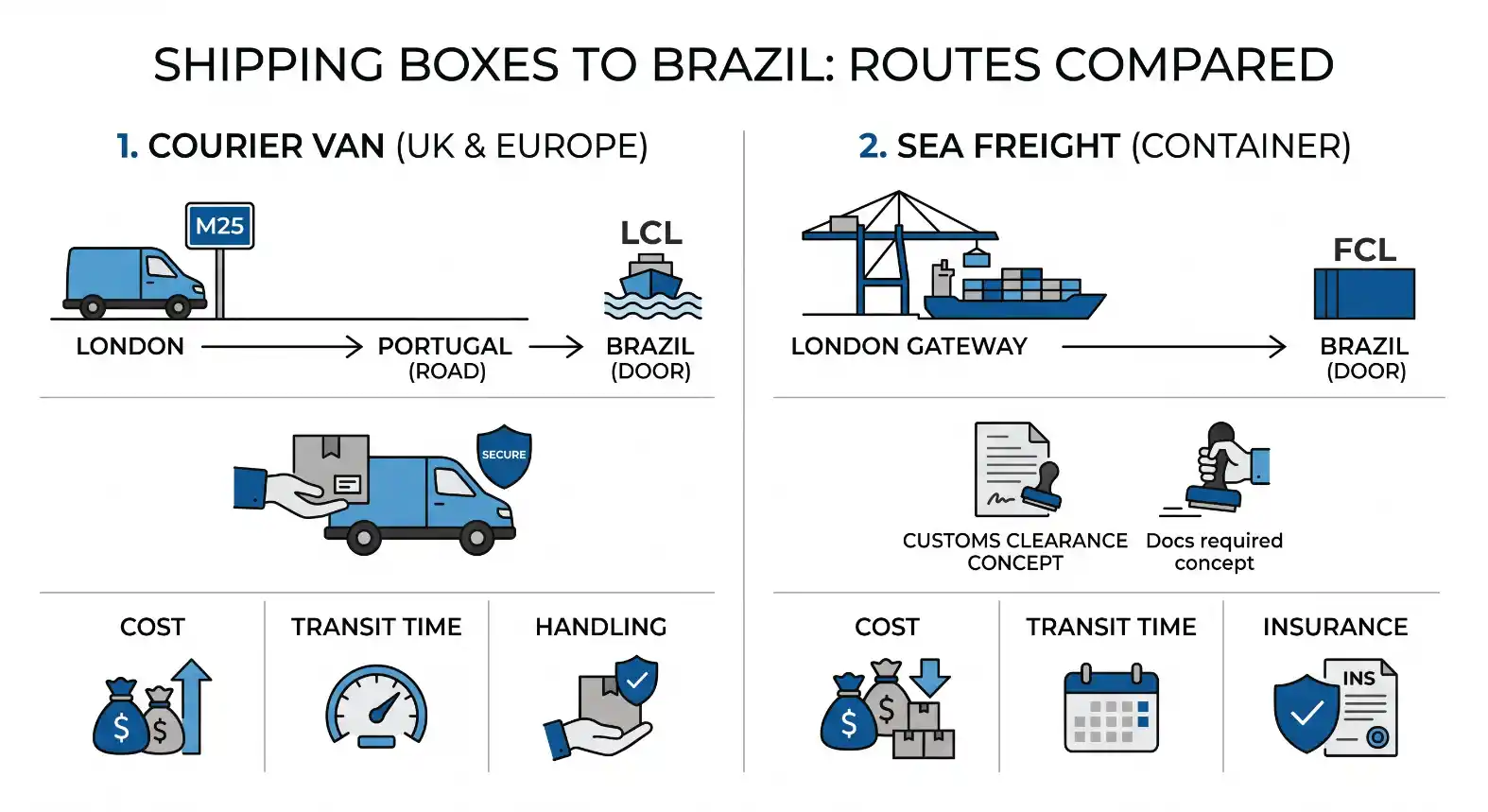 Infographic comparing routes for shipping boxes to Brazil: courier van (UK and Europe) versus container sea freight. It shows costs, transit times and stages such as LONDON, PORTUGAL and BRAZIL, along with customs clearance documents, document requirements and insurance.