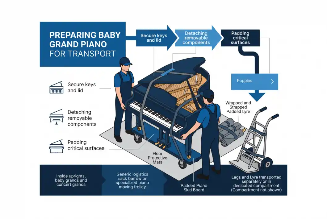 Infográfico em inglês mostrando o preparo e o transporte de um piano para bebê, com etapas como fixar chaves, remover componentes, adicionar proteção acolchoada e preparar superfície, além de funcionários ao lado do instrumento.