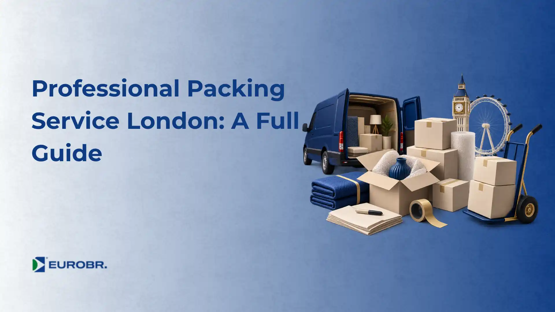 Caminhão de mudanças com caixas e itens de embalagem ao lado de uma roda e guarda-chuva, com texto “Professional Packing Service London: A Full Guide” e marca “EUROBR.” em fundo azul.