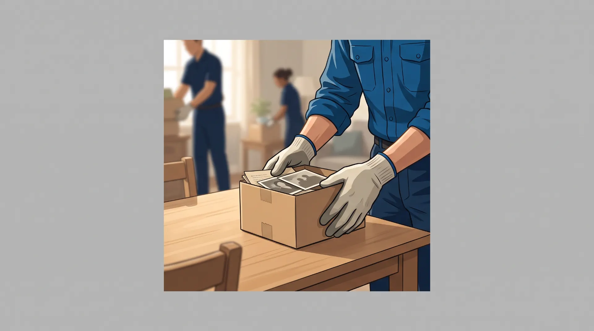 Imagem de um trabalhador em uniforme azul embalando cédulas e colocando dinheiro em uma caixa de papelão sobre uma mesa de escritório, com outras pessoas ao fundo