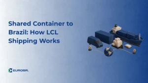 Ilustração sobre como funciona o LCL shipping compartilhado para o Brasil, com caminhão, contêineres, paletes e ícone de globo, além do texto “Shared Container to Brazil: How LCL Shipping Works”.