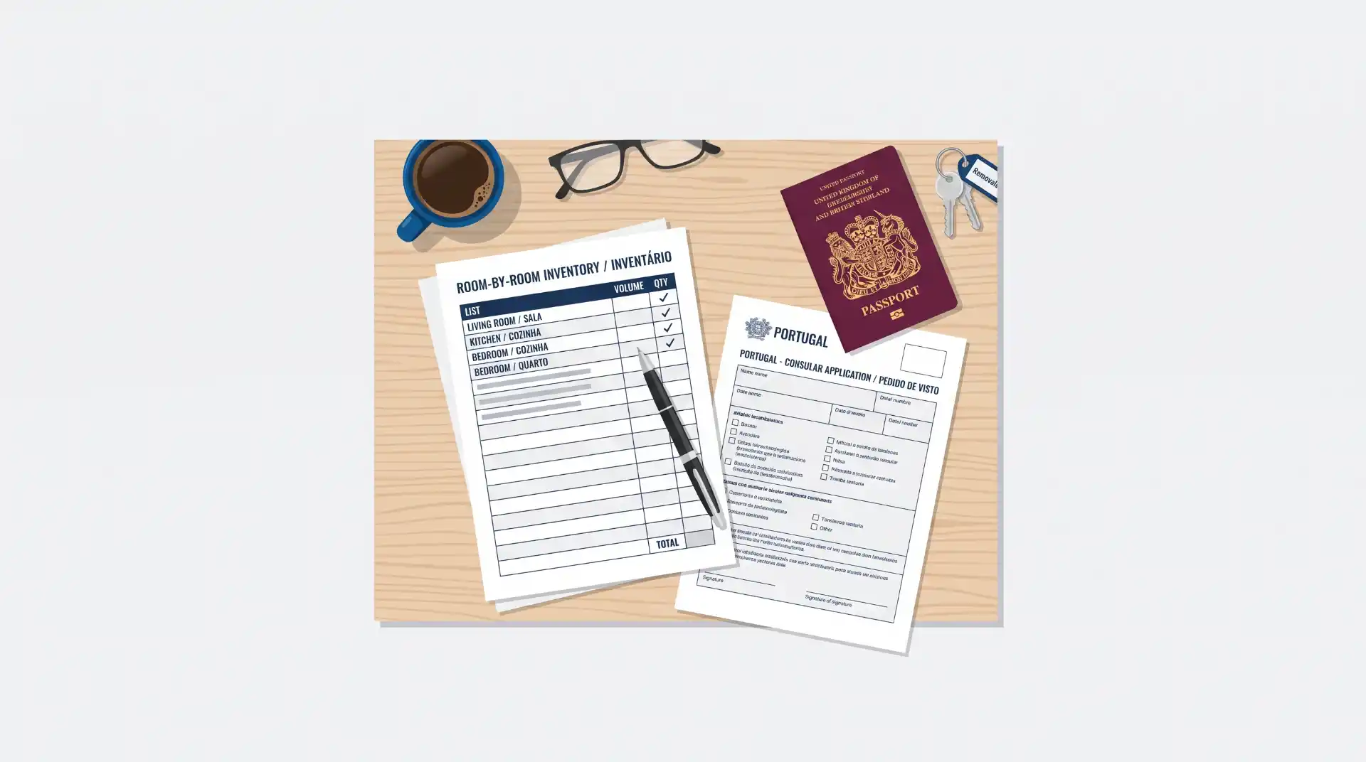 Mesa de trabalho com documentos de inventário e passaporte, caneta e copo de café, sobre fundo de madeira, representando organização e viagem.