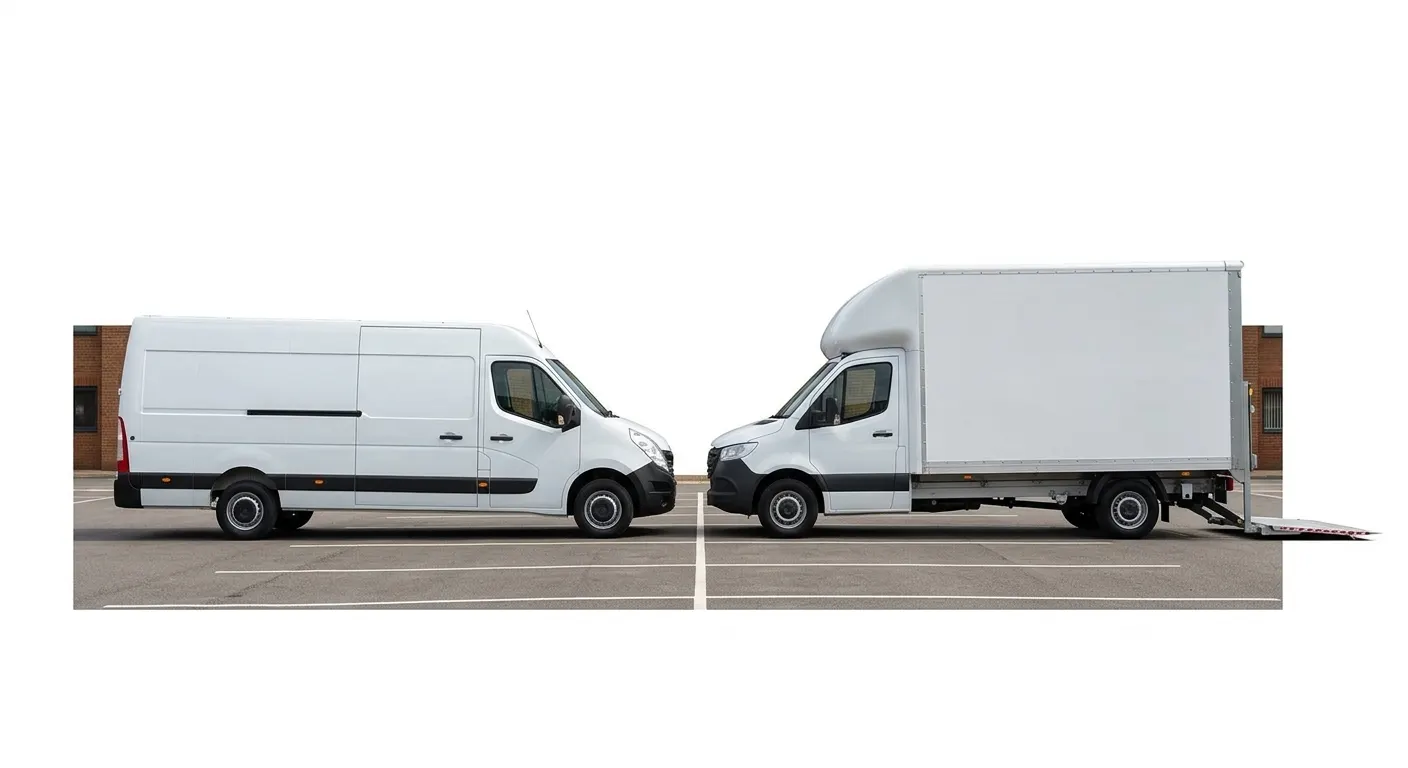 Dois veículos utilitários brancos lado a lado em um estacionamento, sendo um furgão pequeno e outro caminhão leve com caçamba/carroceria para transporte de cargas, vista lateral.