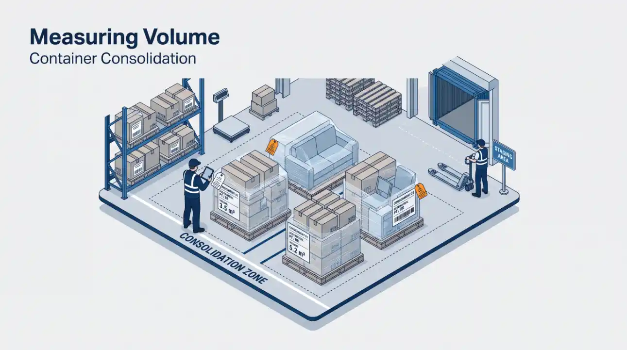 Isometric illustration of a logistics centre with a consolidation and volume measurement zone, showing boxes and pallets on racks, operators, and a parking area, with the text "Measuring Volume" and "Container Consolidation".