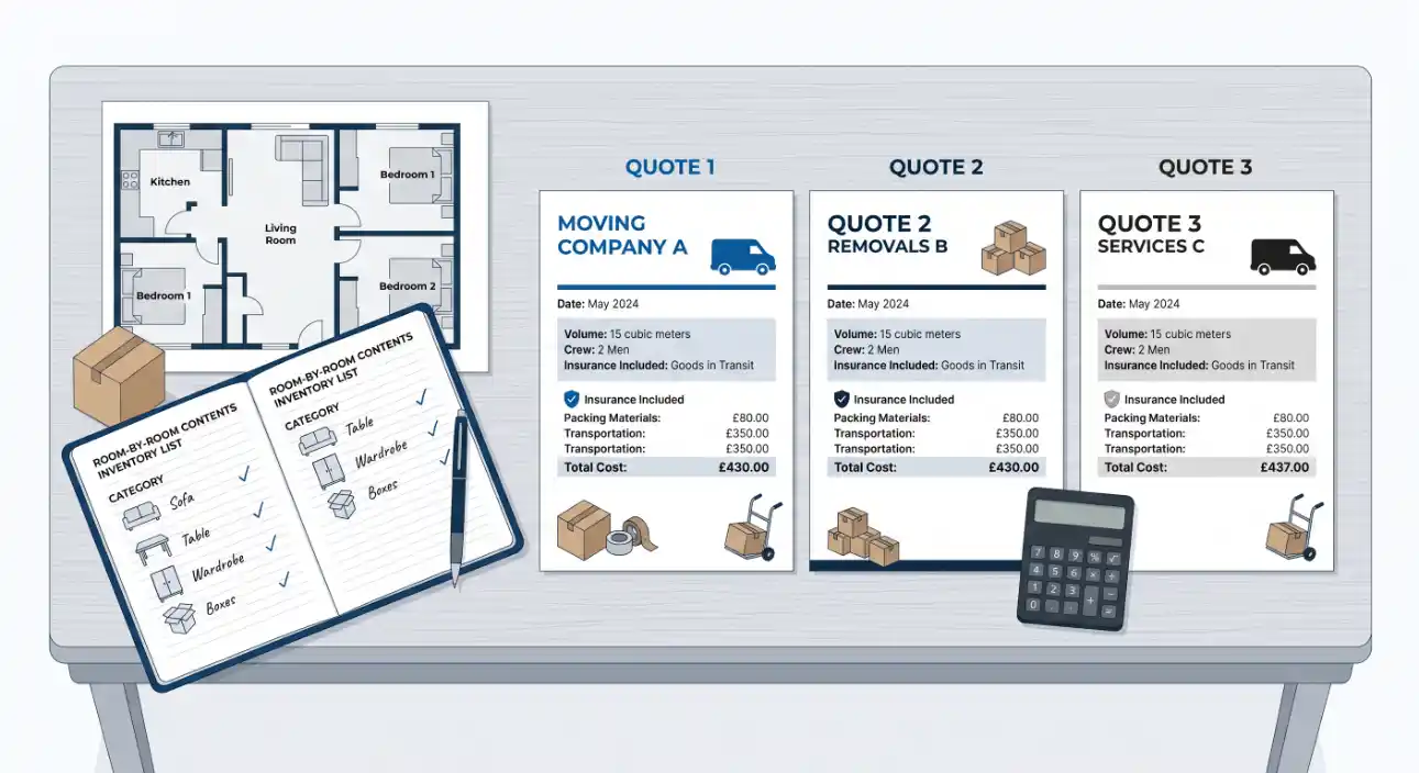 Ilustração com um checklist de móveis e três cotações de mudança (Quote 1, Quote 2 e Quote 3) ao lado de um valor total, incluindo informações como data, volume, seguro e custos.