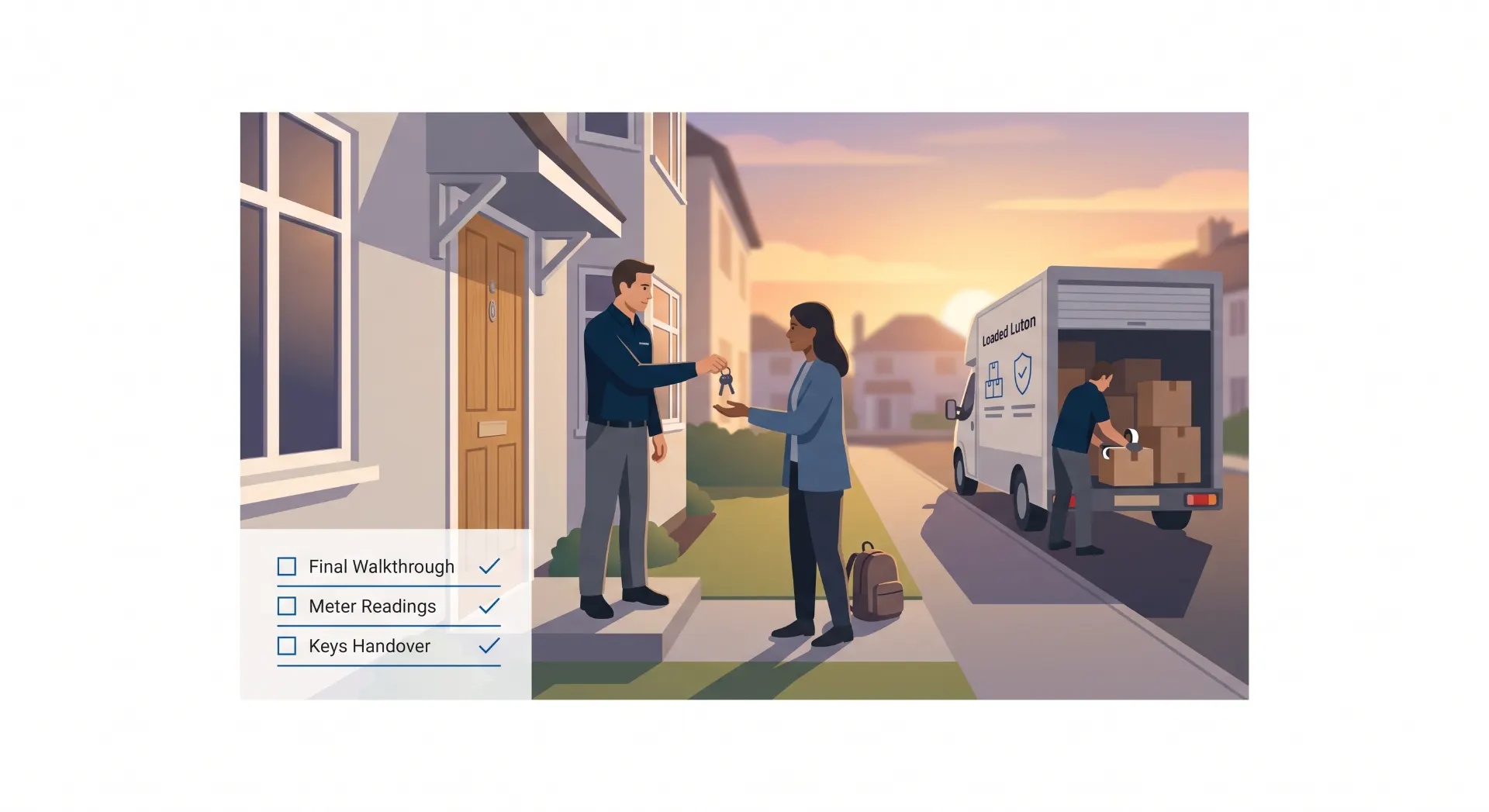 Ilustração mostrando equipe realizando entrega de chaves e alinhamento final (walkthrough) com checklist em frente a casas, enquanto um caminhão está estacionado para transporte.