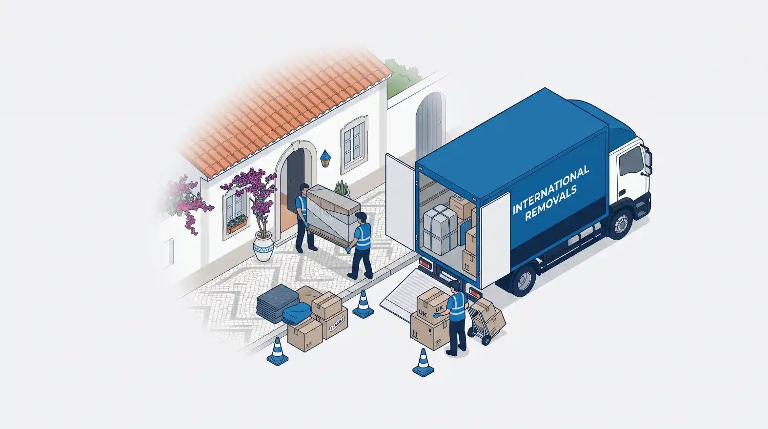 Ilustração isométrica de uma mudança residencial com caixas no quintal, duas pessoas e um caminhão azul com a mensagem “INTERNATIONAL REMOVALS”.