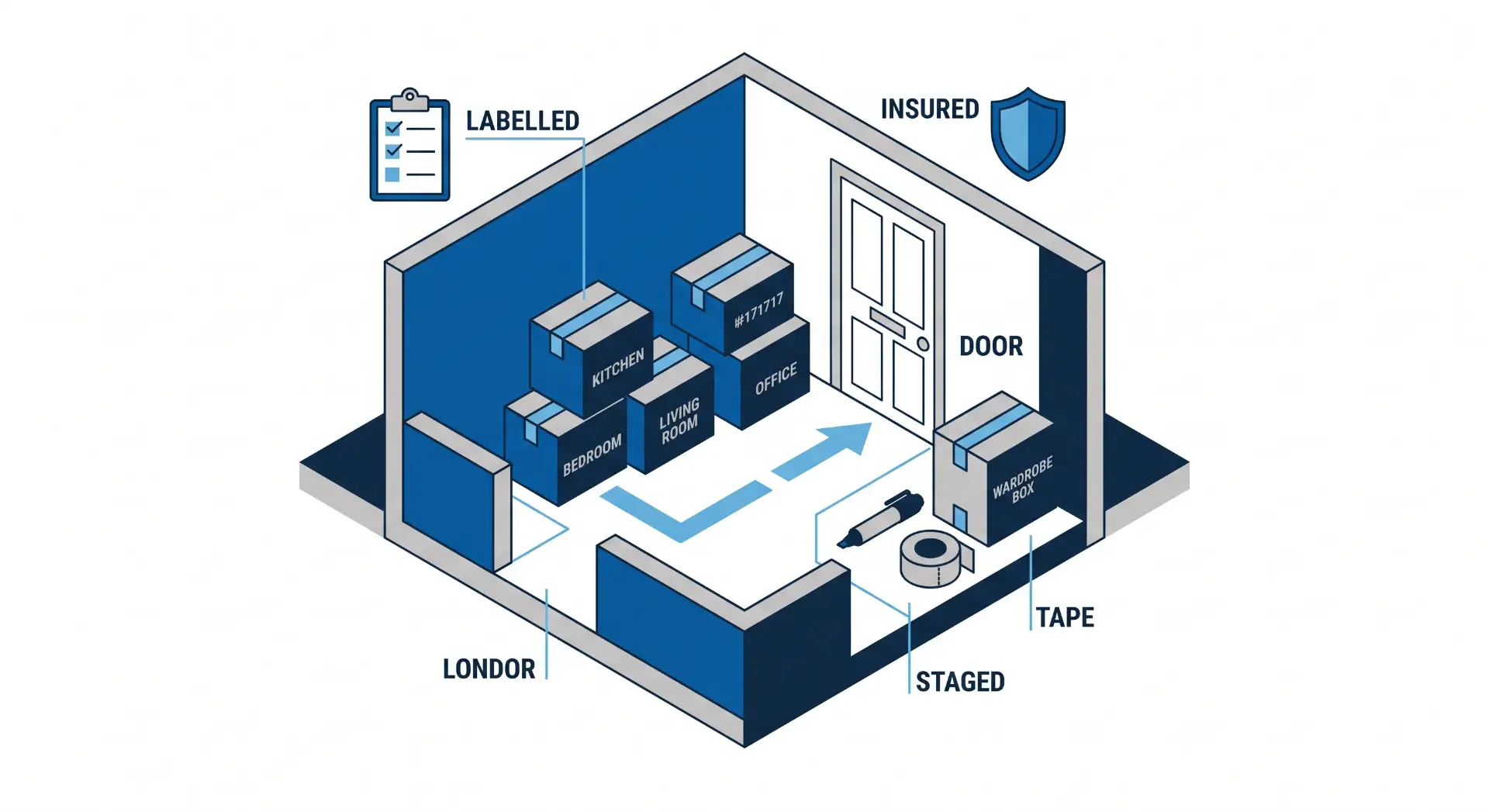 Ilustração isométrica de uma planta de casa com cômodos e etiquetas como LONDON, KITCHEN, LIVING ROOM, OFFICE e DOOR, além de ícones de rotulagem, seguro e itens de mudança.