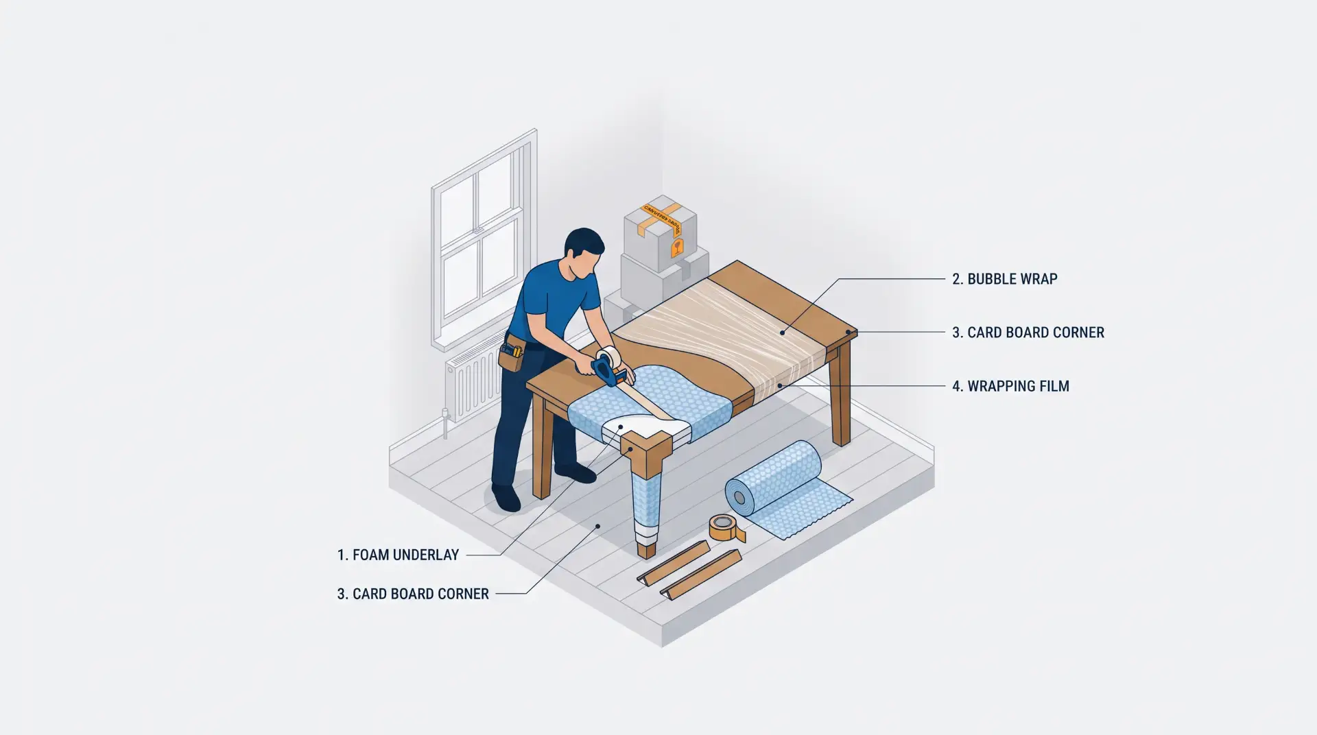 Isometric illustration of the packaging and protection process for a sofa, with steps such as base foam, cardboard corners, and wrapping film, along with a roll of bubble wrap and tape.