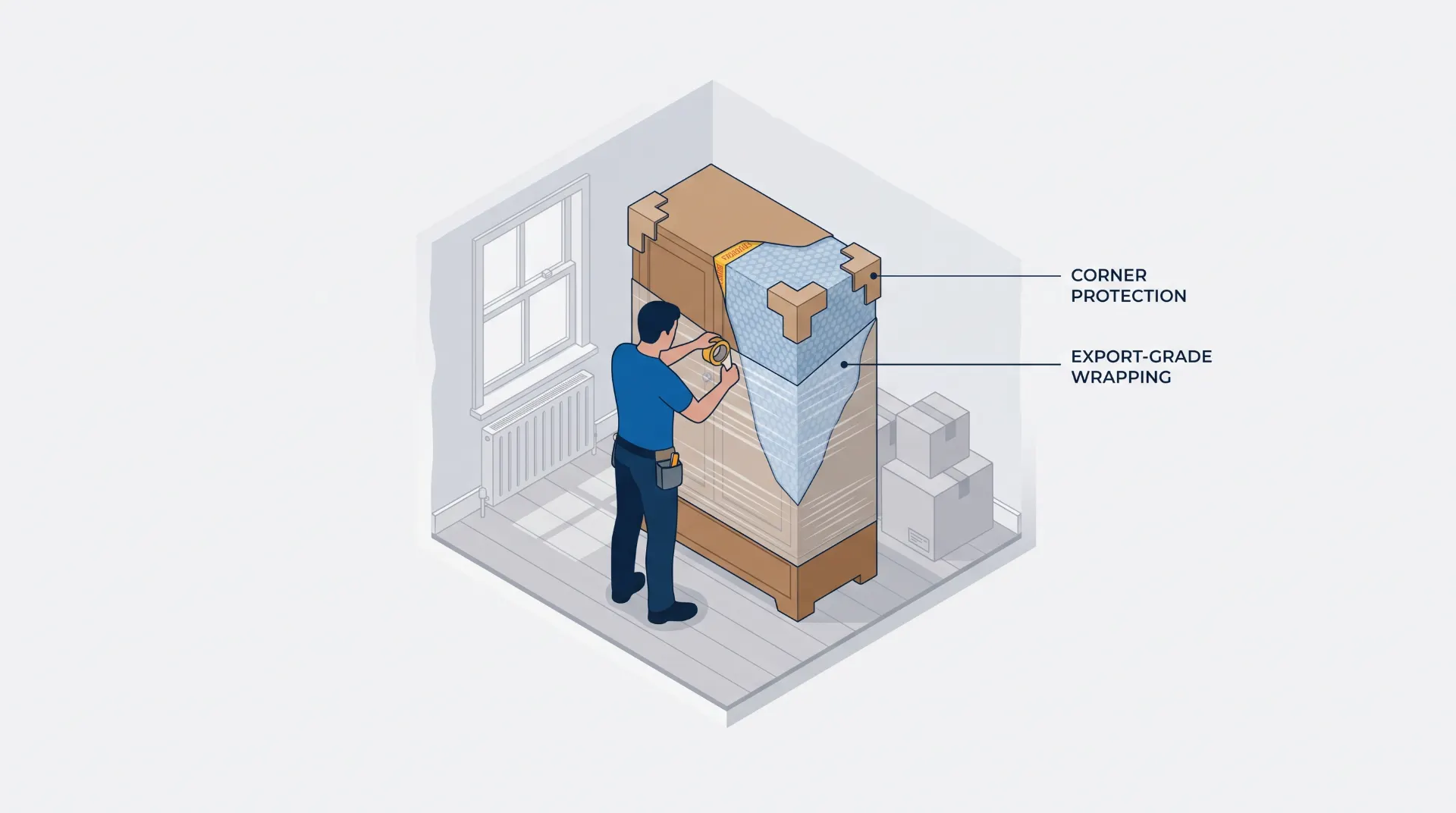 Isometric illustration of a worker applying corner protection and packing a wooden bed into a box for export, with wrapping film and boxes alongside.