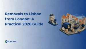 Cover image with the text "Removals to Lisbon from London: A Practical 2026 Guide", an isometric illustration of a removal lorry on a steep Lisbon street and the EUROBR logo