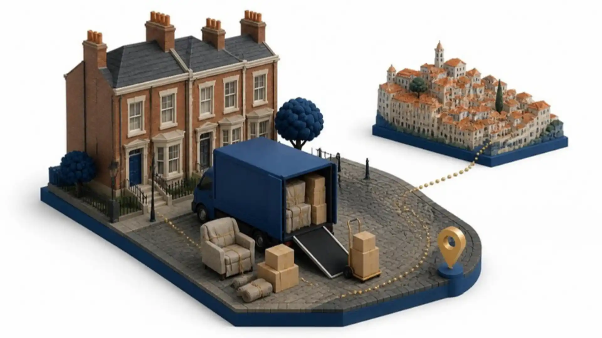 Isometric illustration of a removal lorry being loaded in London for a move to Lisbon