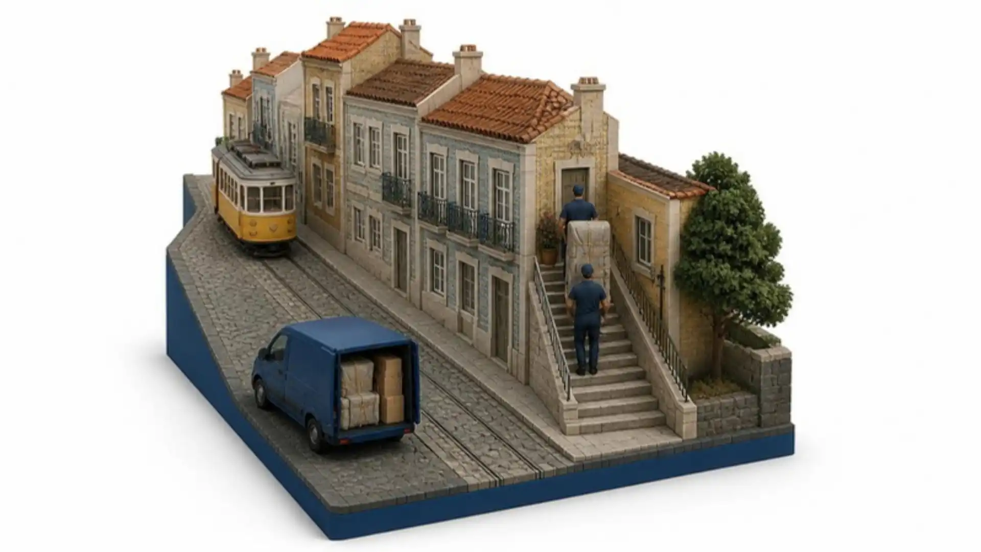 Isometric illustration of a removal crew carrying furniture up a steep cobbled street in Lisbon